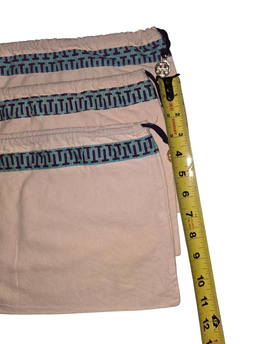 Tory Burch Beige Drawstring Dust Bag with Blue Trim- 3 Piece Set
